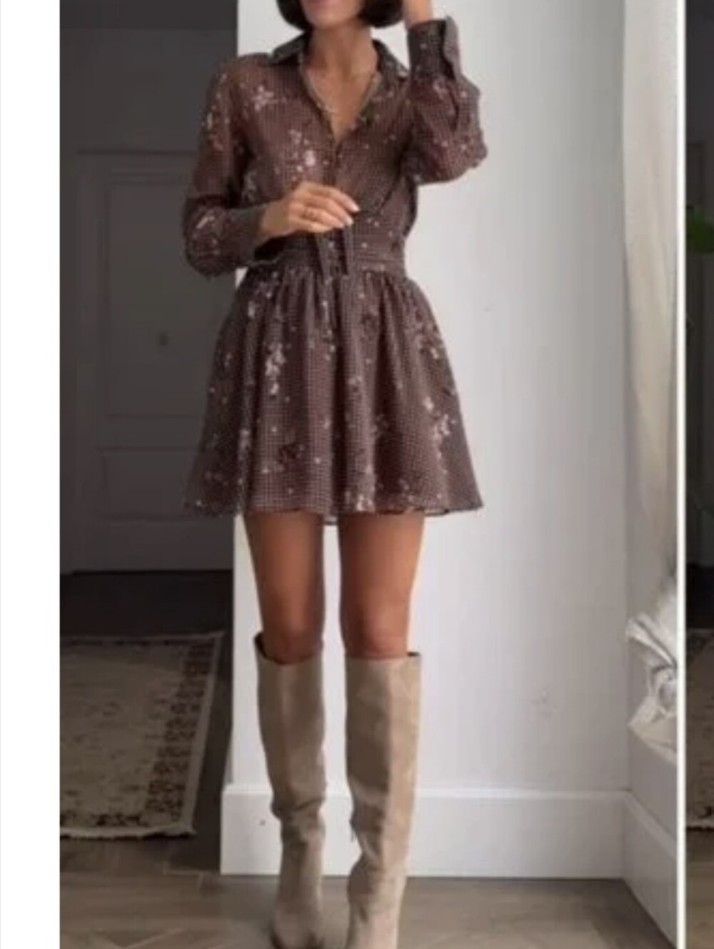 ZARA Brown Floral Gingham Long-Sleeve V-NECK A-Line Dress - Picture 4 of 16
